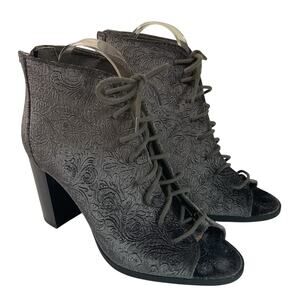 Report Gray Booties Block Heel Brocade Open Toe Lace Up Ankle  Women 7.5